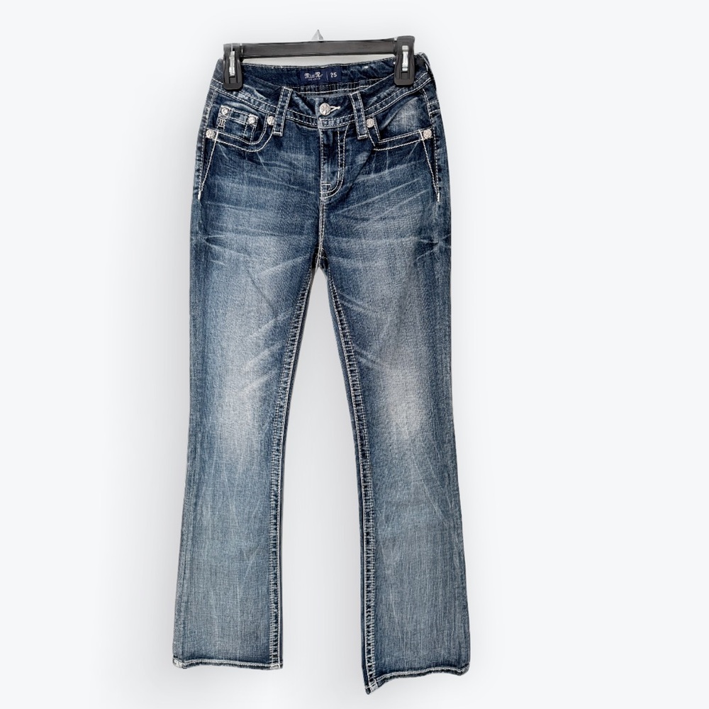 Miss Me Blue Flare Wide Leg Jeans with Faded Vintage Look